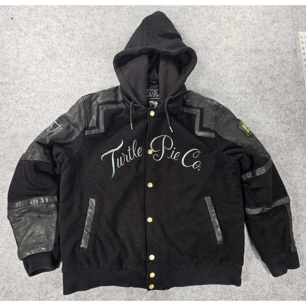 Turtle Pie Co Varsity Jacket Coat Mens 3XL Black Full Zip Wool Blend Hooded